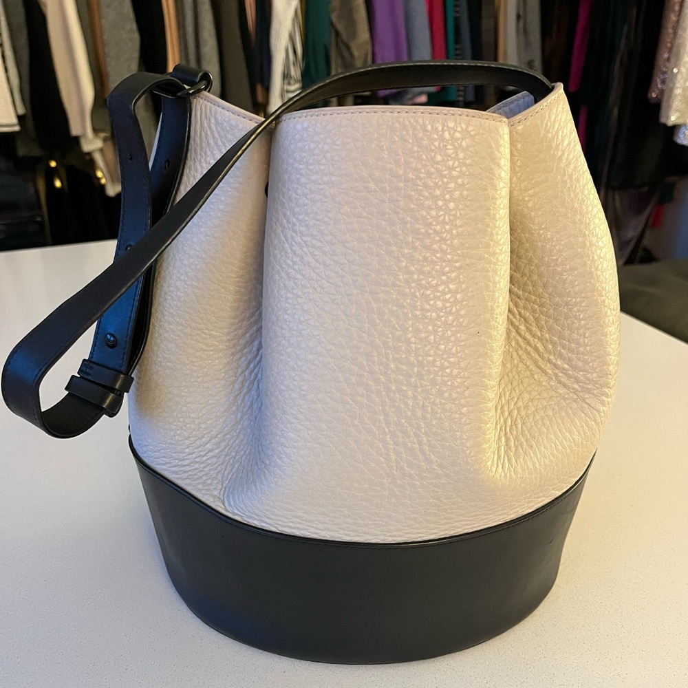 DAGNE DOVER Ava Leather Bone Onyx Bucket Bag w/ Camo lining